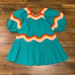 Corey Lynn Calter Teal Dress with Rainbow Embroidered Trim